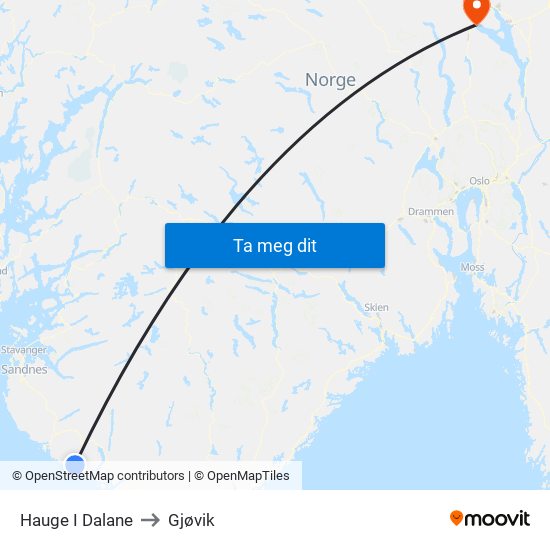 Hauge I Dalane to Gjøvik map
