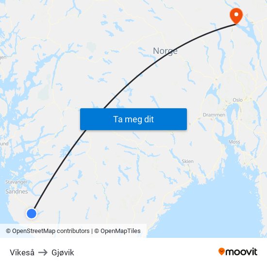 Vikeså to Gjøvik map