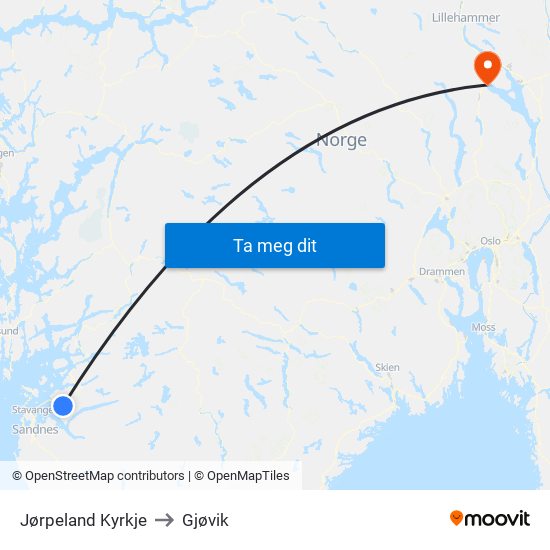 Jørpeland Kyrkje to Gjøvik map