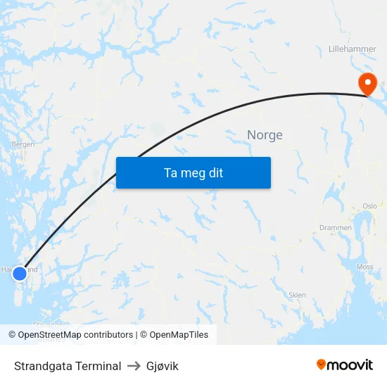Strandgata Terminal to Gjøvik map