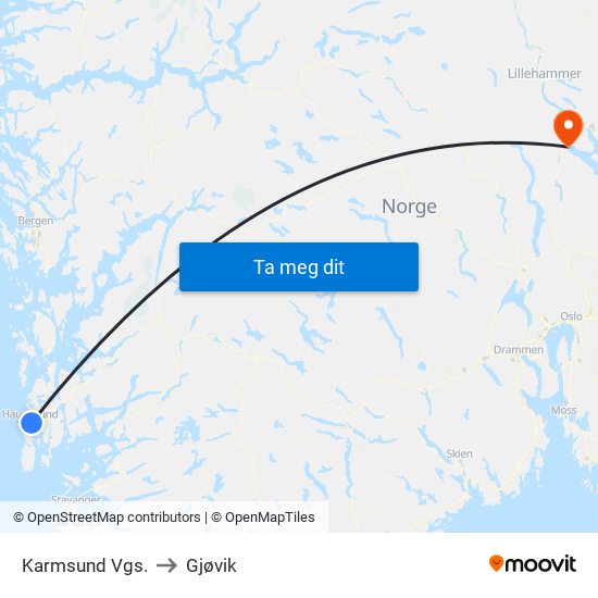 Karmsund Vgs. to Gjøvik map