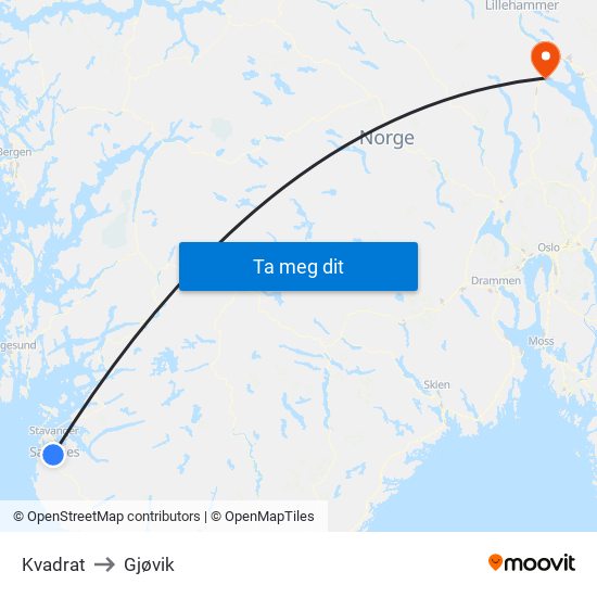 Kvadrat to Gjøvik map