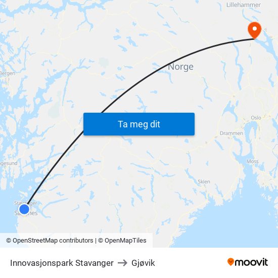 Innovasjonspark Stavanger to Gjøvik map
