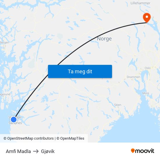 Amfi Madla to Gjøvik map
