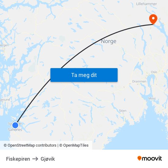 Fiskepiren to Gjøvik map