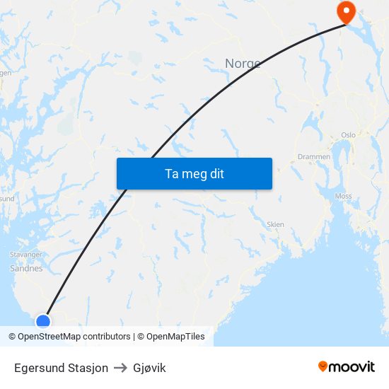 Egersund Stasjon to Gjøvik map