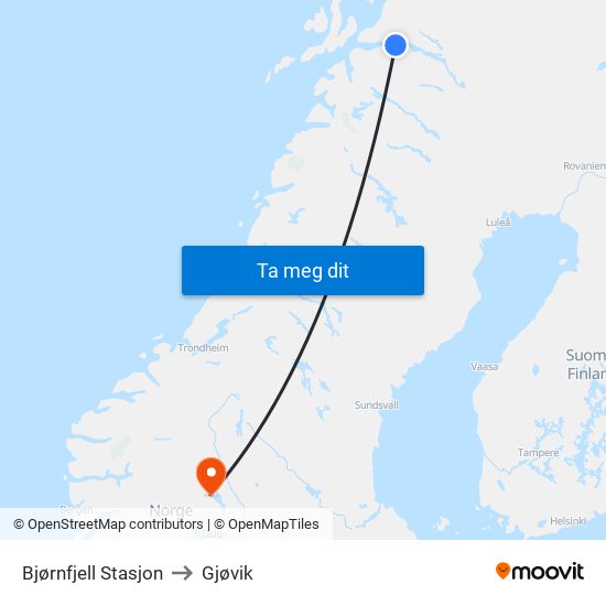 Bjørnfjell Stasjon to Gjøvik map