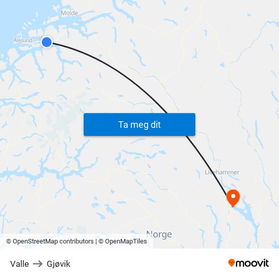Valle to Gjøvik map