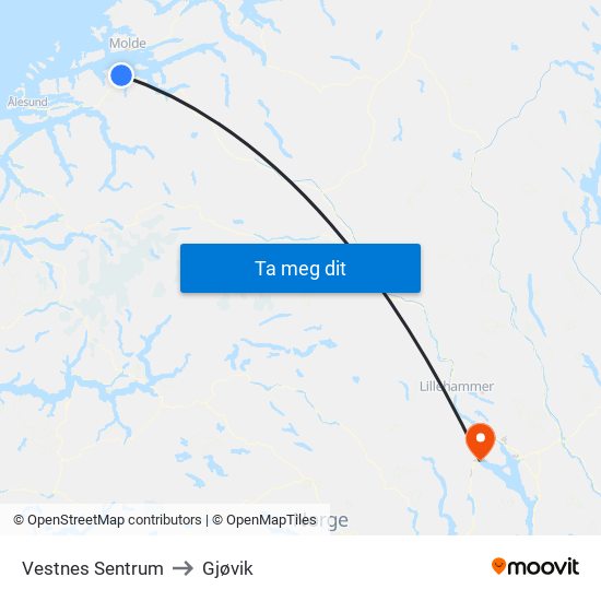 Vestnes Sentrum to Gjøvik map
