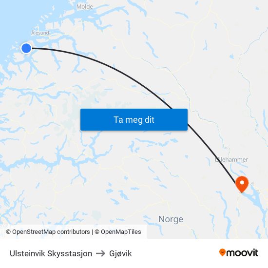 Ulsteinvik Skysstasjon to Gjøvik map