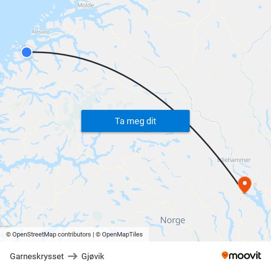 Garneskrysset to Gjøvik map