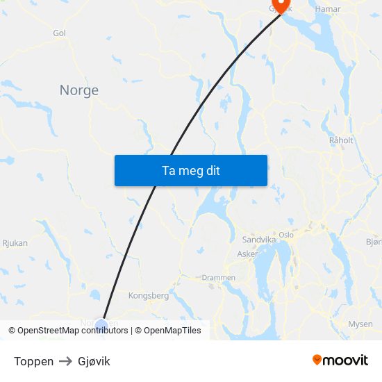 Toppen to Gjøvik map