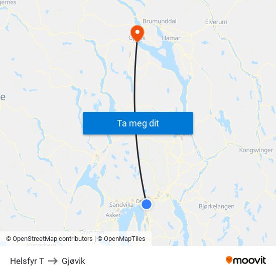 Helsfyr T to Gjøvik map