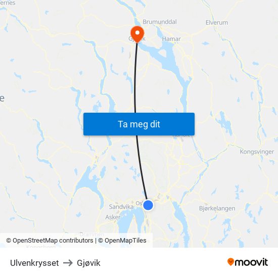 Ulvenkrysset to Gjøvik map