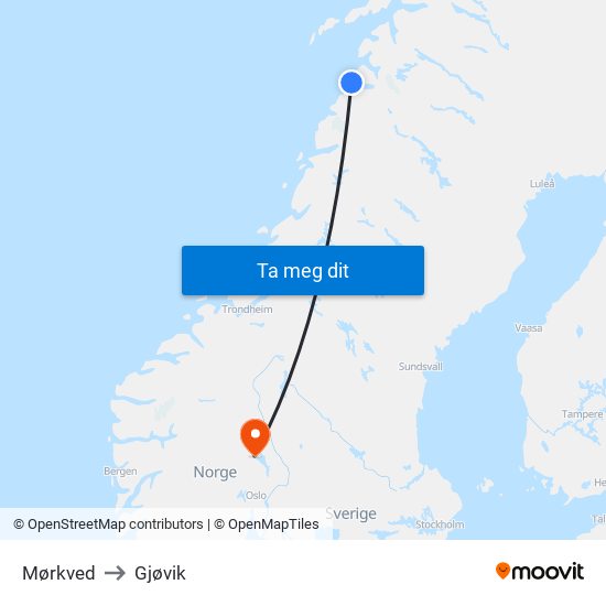 Mørkved to Gjøvik map