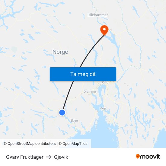 Gvarv Fruktlager to Gjøvik map