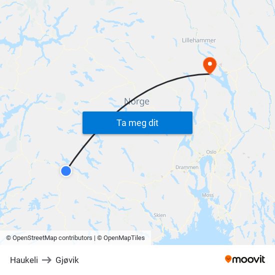 Haukeli to Gjøvik map