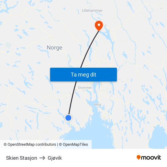 Skien Stasjon to Gjøvik map