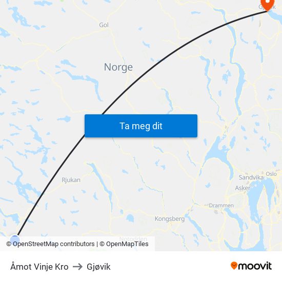 Åmot Vinje Kro to Gjøvik map