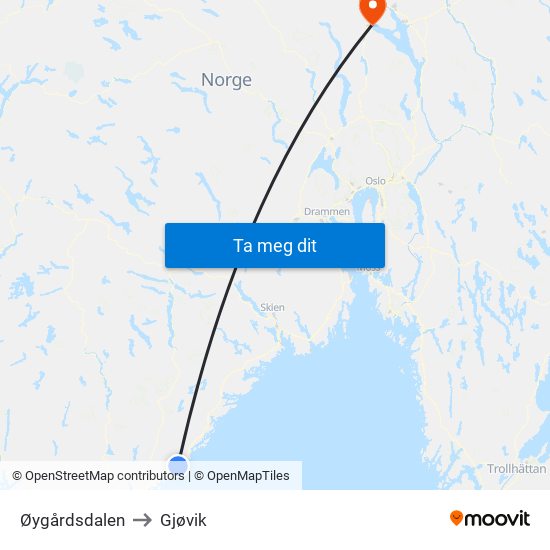 Øygårdsdalen to Gjøvik map