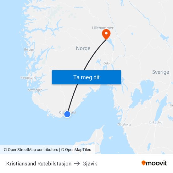Kristiansand Rutebilstasjon to Gjøvik map