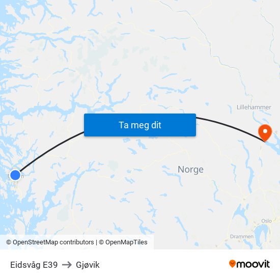 Eidsvåg E39 to Gjøvik map