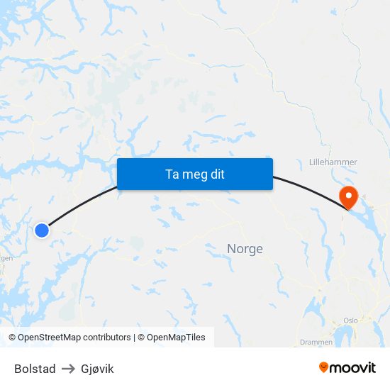 Bolstad to Gjøvik map