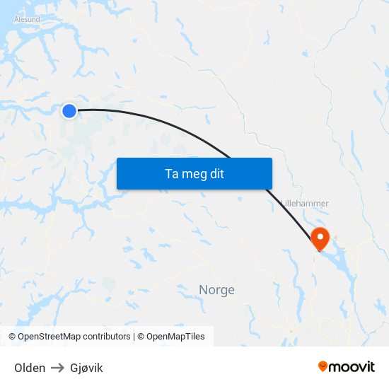 Olden to Gjøvik map