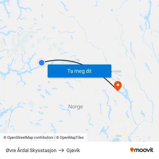 Øvre Årdal Skysstasjon to Gjøvik map