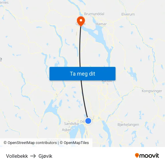 Vollebekk to Gjøvik map