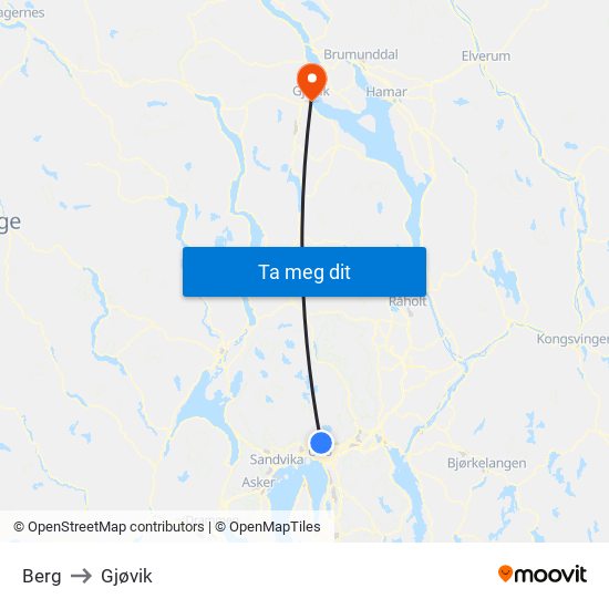 Berg to Gjøvik map