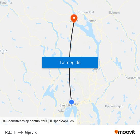 Røa T to Gjøvik map