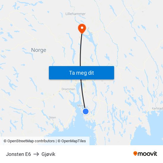 Jonsten E6 to Gjøvik map