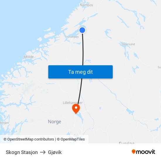 Skogn Stasjon to Gjøvik map