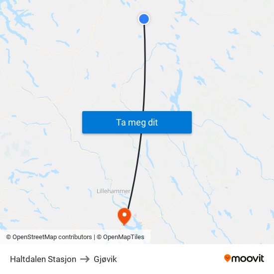 Haltdalen Stasjon to Gjøvik map