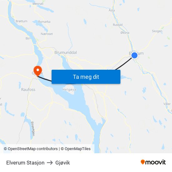 Elverum Stasjon to Gjøvik map