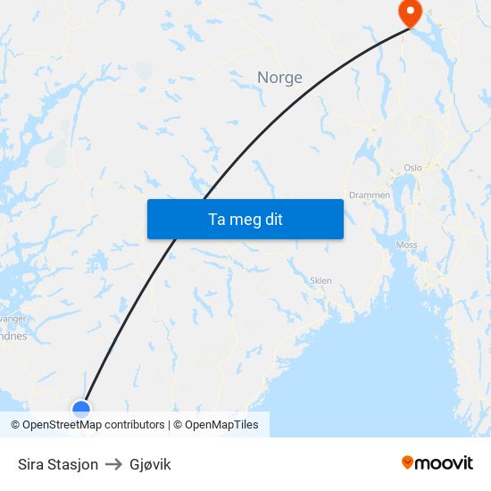 Sira Stasjon to Gjøvik map