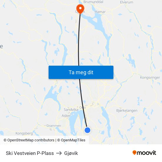 Ski Vestveien P-Plass to Gjøvik map