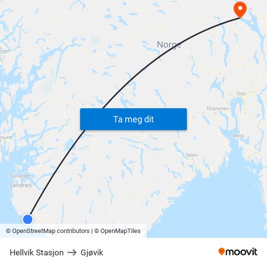 Hellvik Stasjon to Gjøvik map