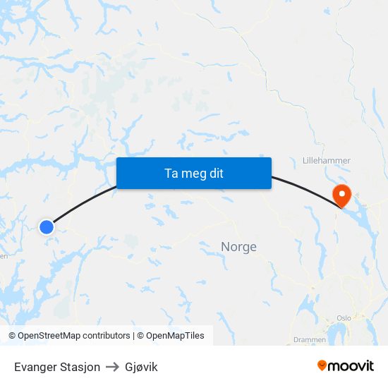Evanger Stasjon to Gjøvik map