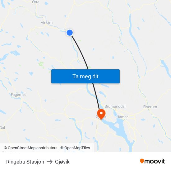 Ringebu Stasjon to Gjøvik map