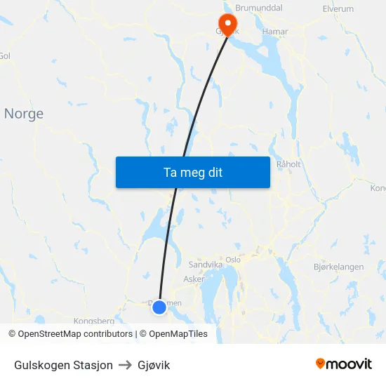 Gulskogen Stasjon to Gjøvik map