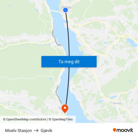 Moelv Stasjon to Gjøvik map