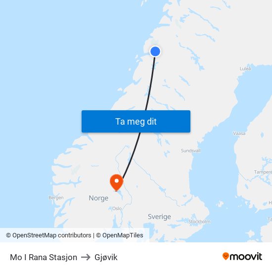 Mo I Rana Stasjon to Gjøvik map