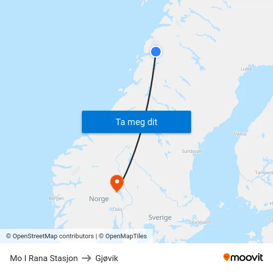 Mo I Rana Stasjon to Gjøvik map