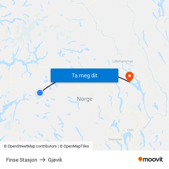 Finse Stasjon to Gjøvik map