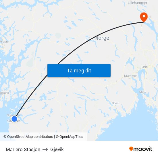 Mariero Stasjon to Gjøvik map