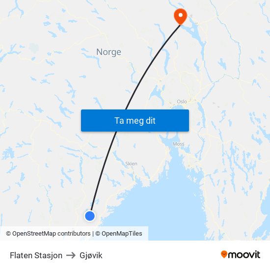Flaten Stasjon to Gjøvik map