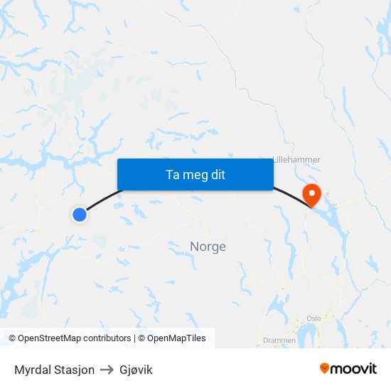 Myrdal Stasjon to Gjøvik map