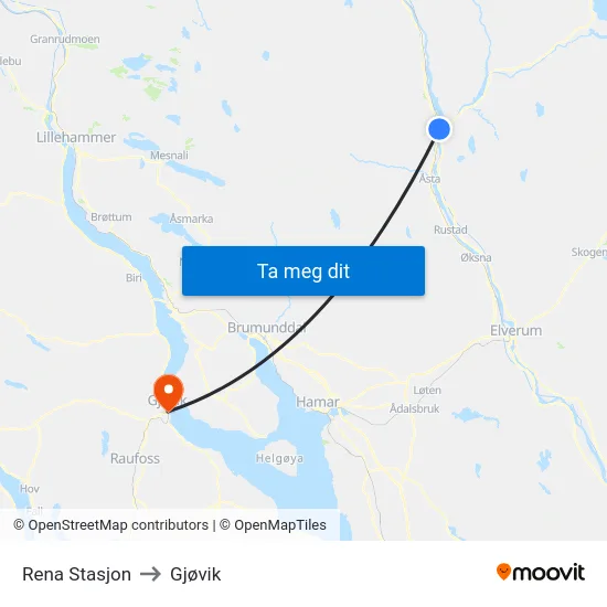 Rena Stasjon to Gjøvik map